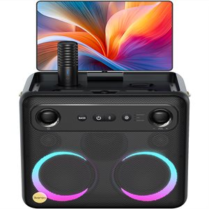 Ikarao - Machine de karaoké portable intelligente avec affichage des paroles, tablette karaoké 32 Go, 2 micros sans fil, puissance de crête de 300 W, 4 lumières DJ